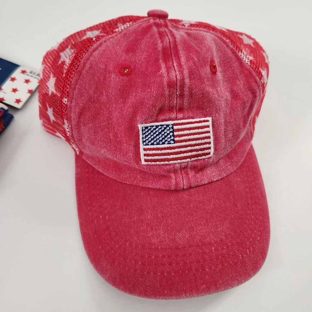 July‎ 4th American Flag Koozie Can Cooler & Red Star Mesh Trucker Hat Set NEW